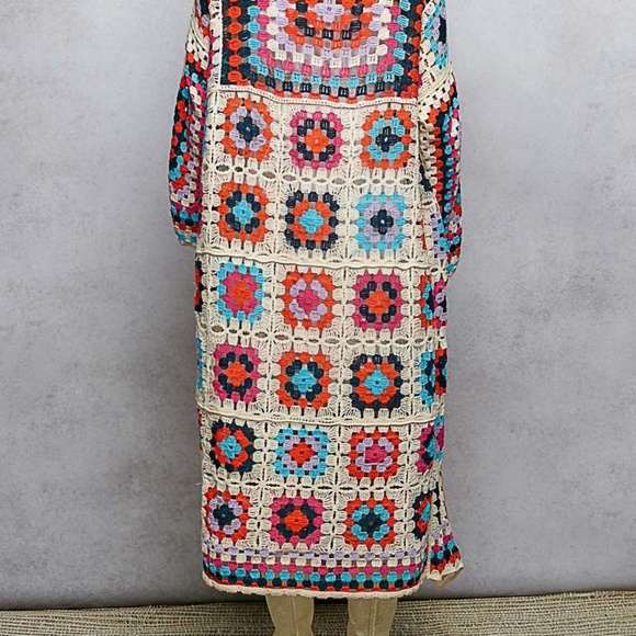 New POL Long Crochet Granny Square Duster Cardigan Boho Multicolor One Size - Picture 7 of 12
